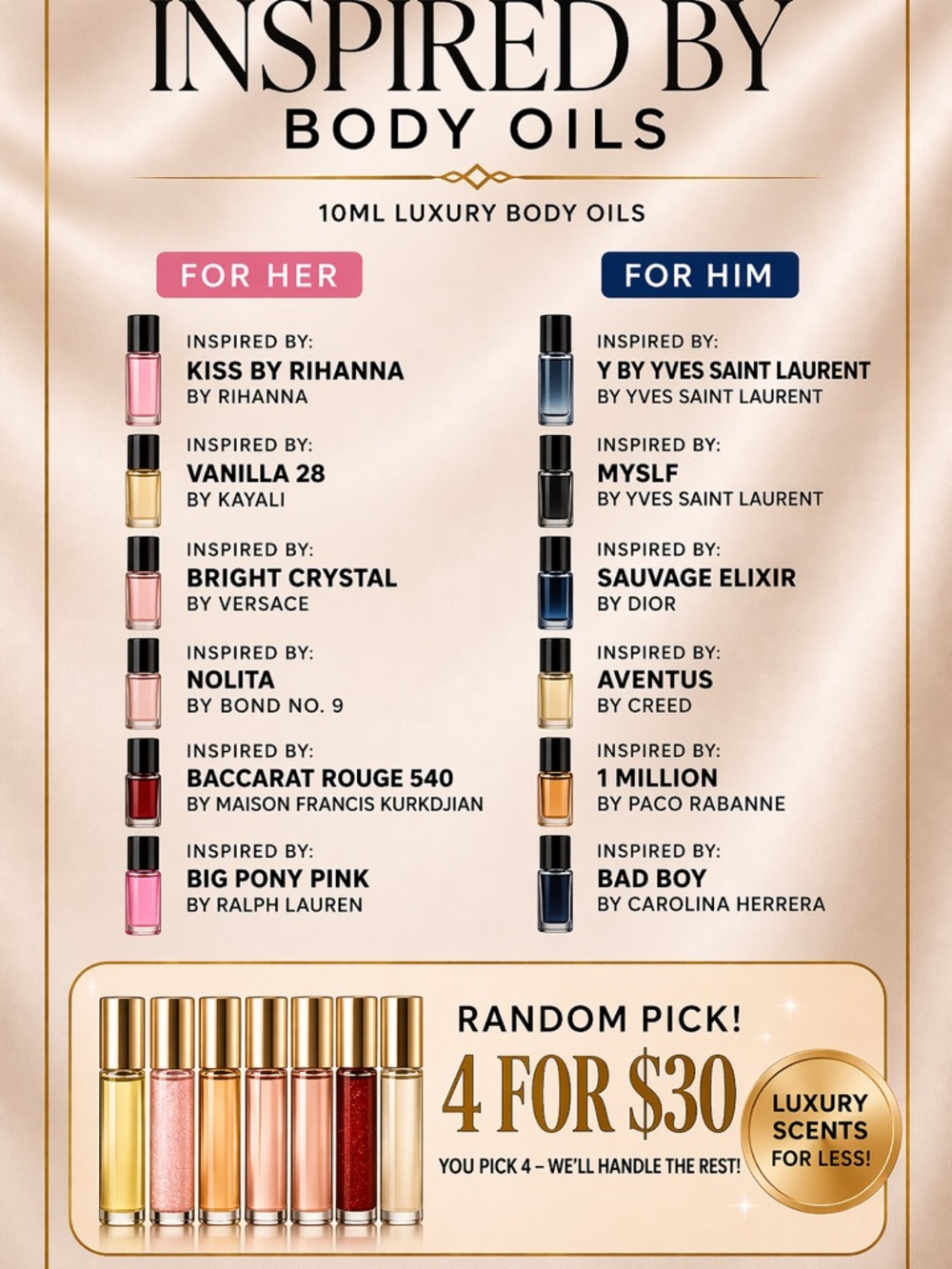 Luxury Inspired Body Oils – 10ml | Random Pick 4 for $30
or buyers choice.